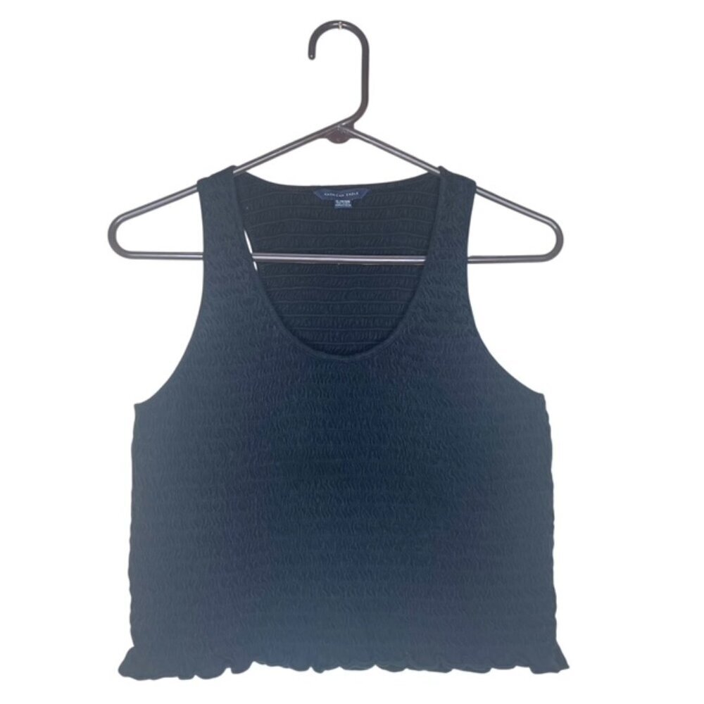 AMERICAN EAGLE Black Smocked Cropped Racerback Ruffle Hem Tank Top - Size XL